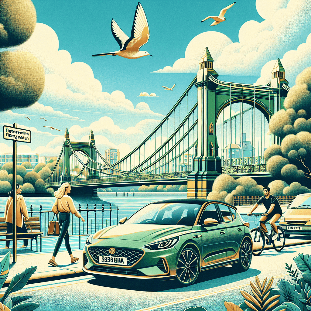 City car in scenic Hammersmith Bridge and Thames vista, cyclist and pedestrians included