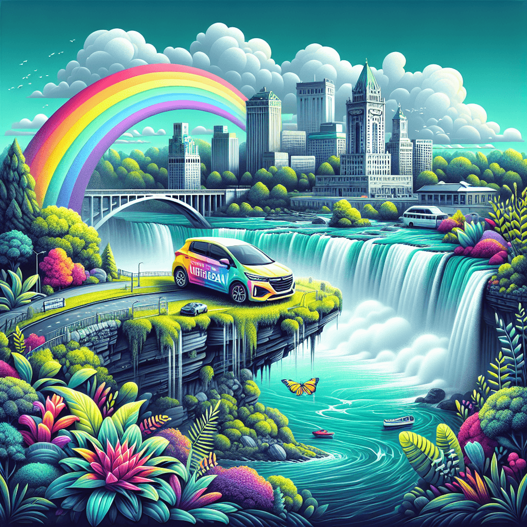 Car under rainbow beside Niagara falls