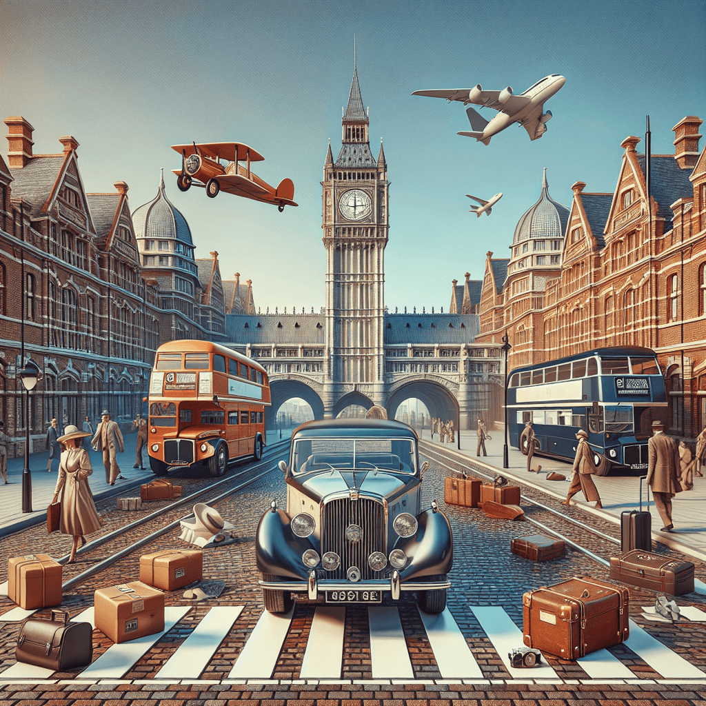 Colourful urban car, iconic clock tower, crowded St. Pancras, luggage, double-decker bus