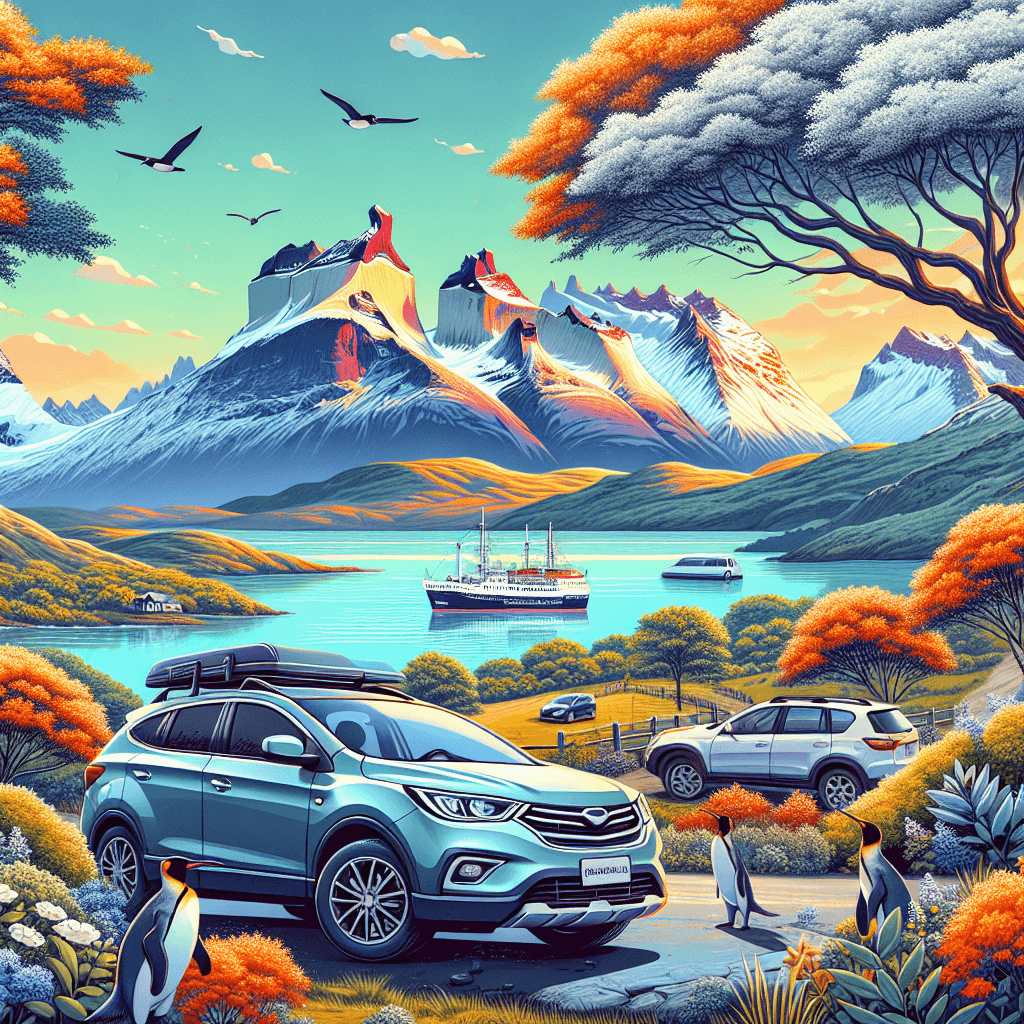City car in Ushuaia with mountains, fire bushes and penguins