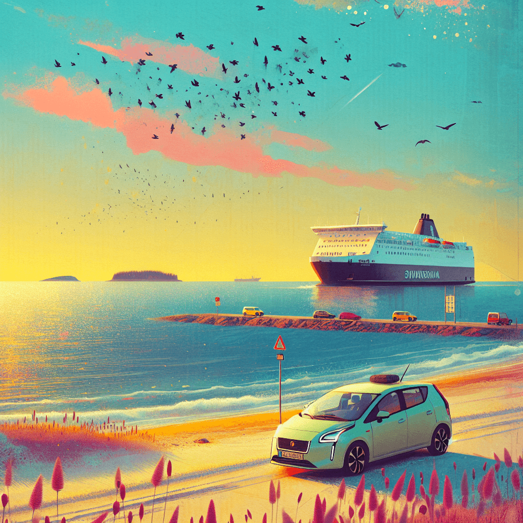 City car parked near Kvarken Archipelago with ferry silhouette and Scurvy-grass by the shore