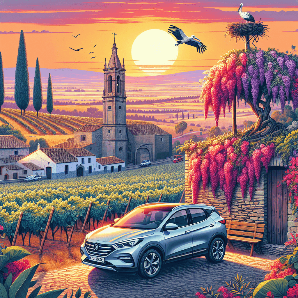 City car amidst Valladolid's rustic charm, blooming vines and sunset