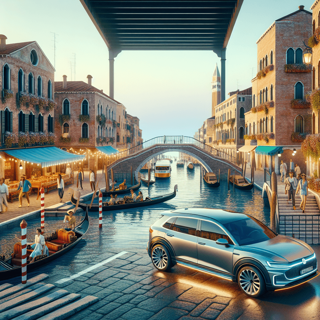 City car amidst Venice's gondolas, canals, and ancient buildings