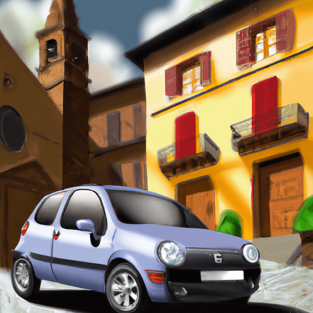 City car in an animated Italian square, Vespa chasing a tortoise
