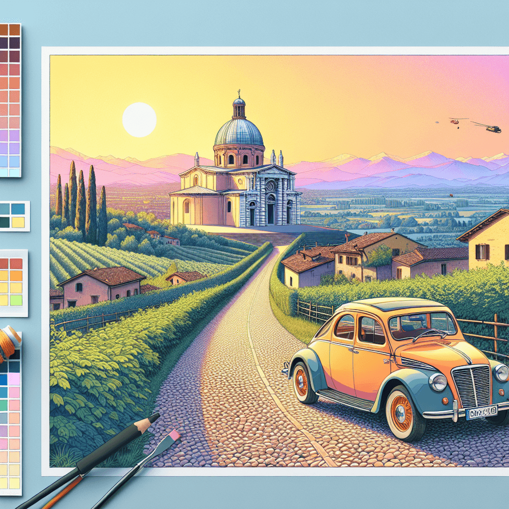 City car in Vicenza with rolling hills and sunset