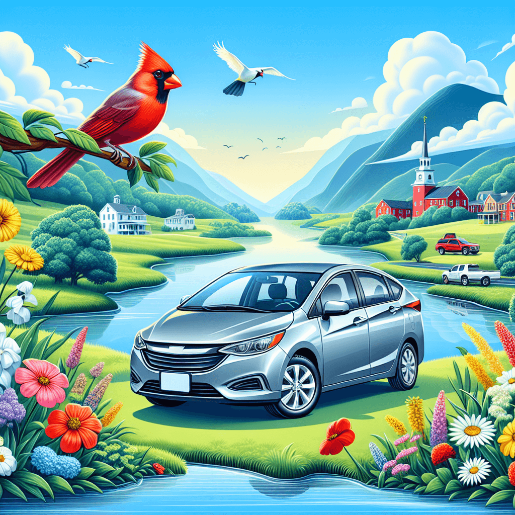 Car amidst wildflowers, mountain backdrop, cardinal on branch
