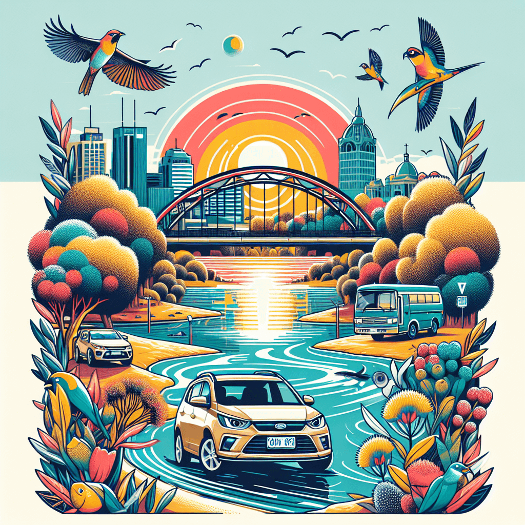 City car amidst Wagga's iconic bridge, birds, and sunset