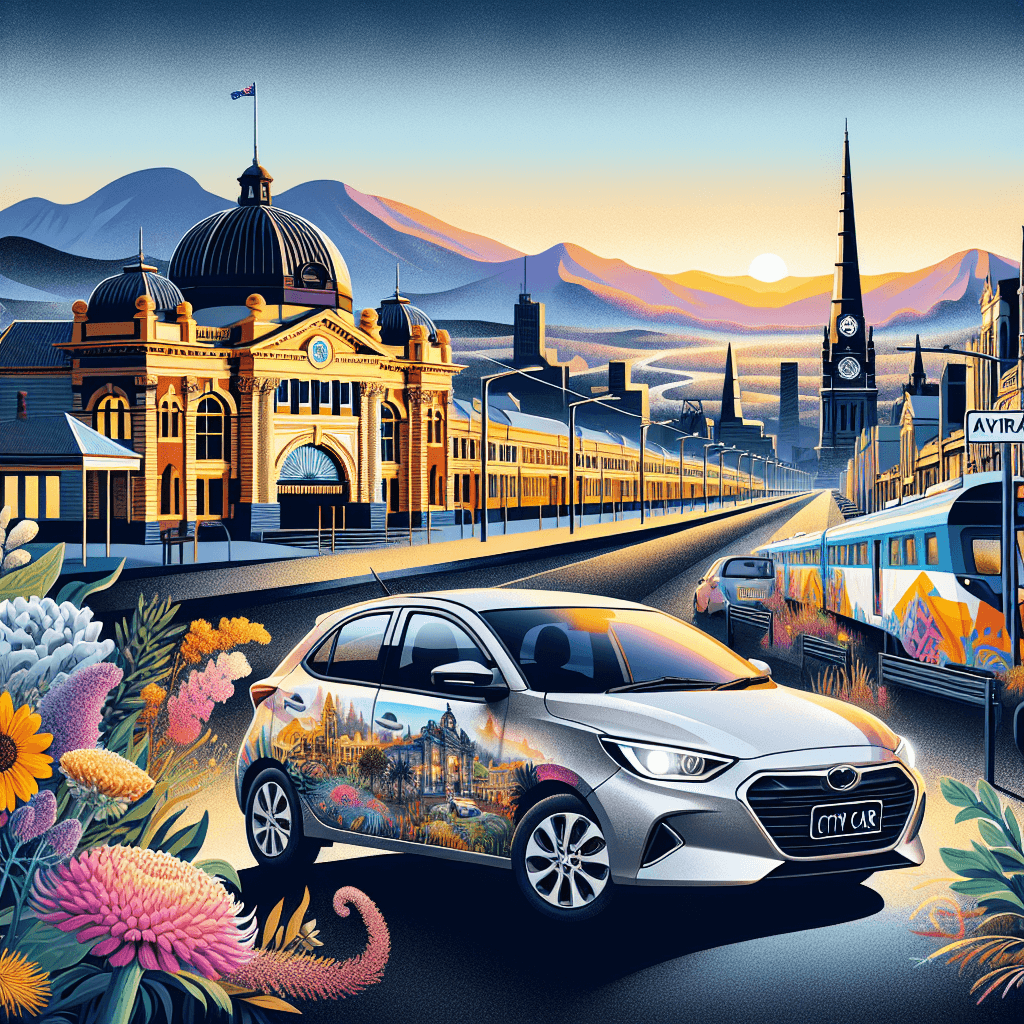 City car in Warragul landscape with station, wildflowers, and Baw Baw ranges