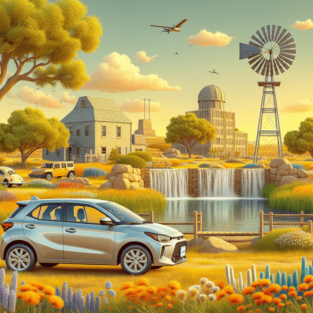 Car, water tower, windmill, wildflowers under golden sky