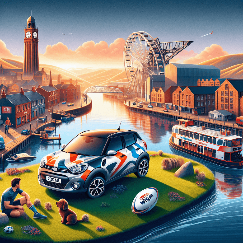 City car, canal, Wigan Pier and rugby ball under sunrise