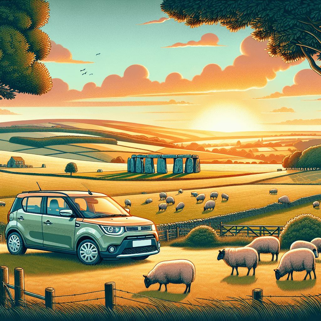 City car amidst Wiltshire hills, sheep and Stonehenge at sunset.