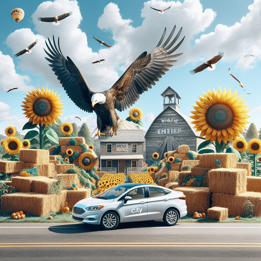 City car amidst sunflowers, rustic barn, balloons in Winkler