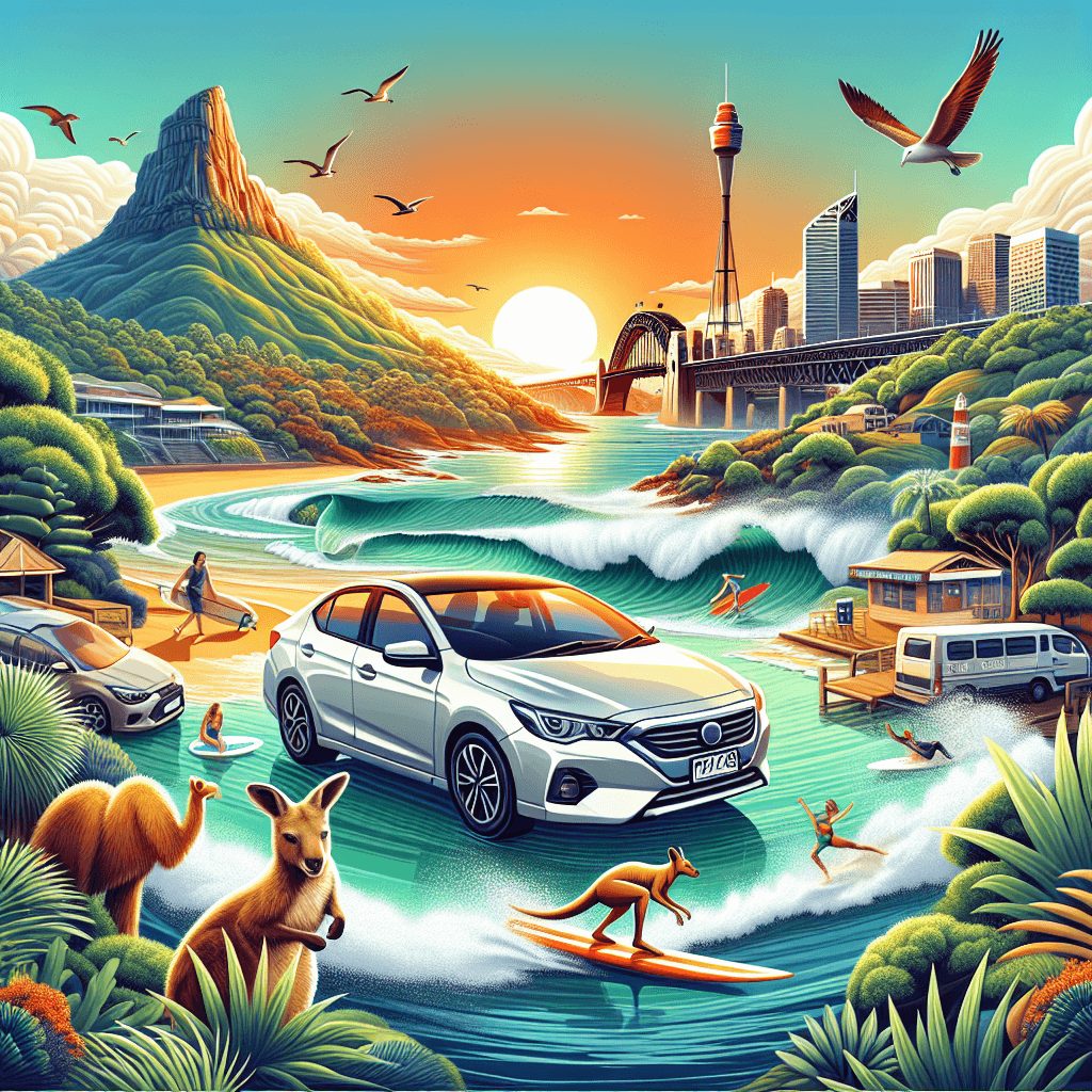 City car amidst sun-kissed Mount Keira, beach, kangaroo, surfer
