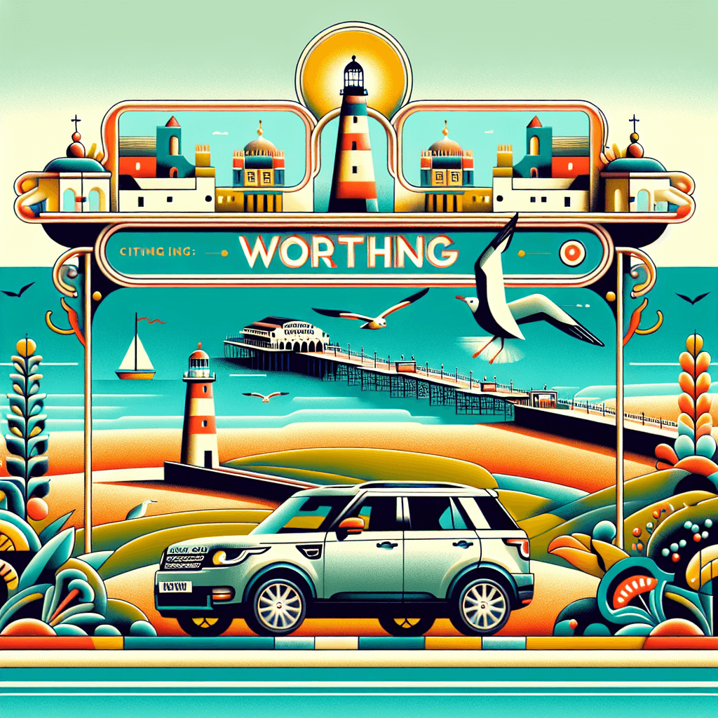 City car traversing through scenic Worthing with Brighton pier and seagulls