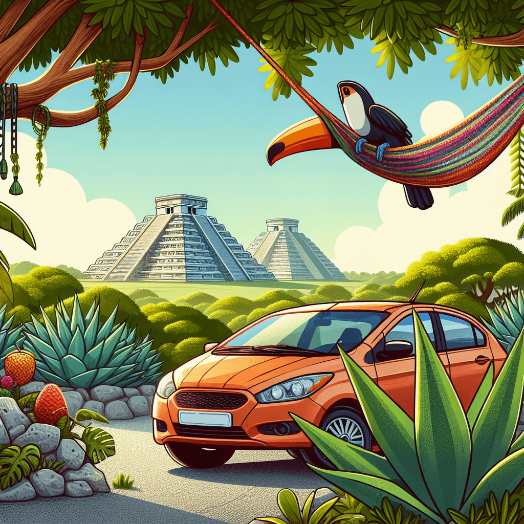 City car in Yucatan with Mayan pyramids, tropical plants, toucan.