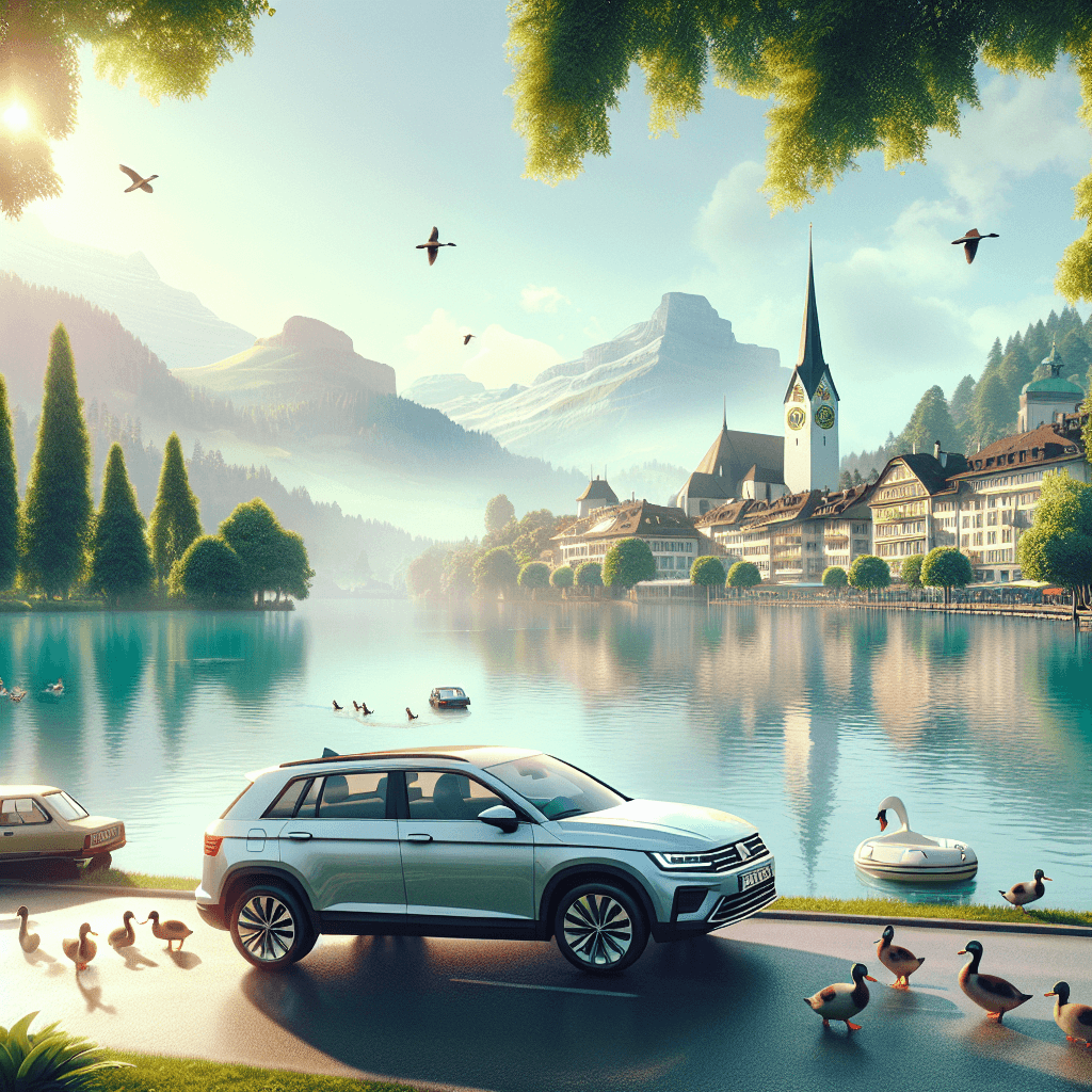 City car by Zug lake, old town background, ducks swimming