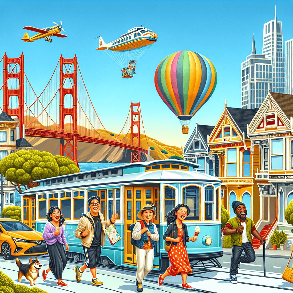 Coche urbano, casas victorianas, tranvía y globos en San Francisco