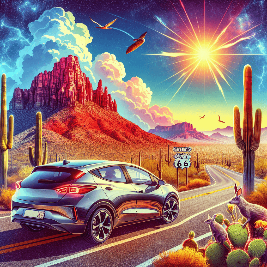 City car parked on desert road under vibrant Arizona skies