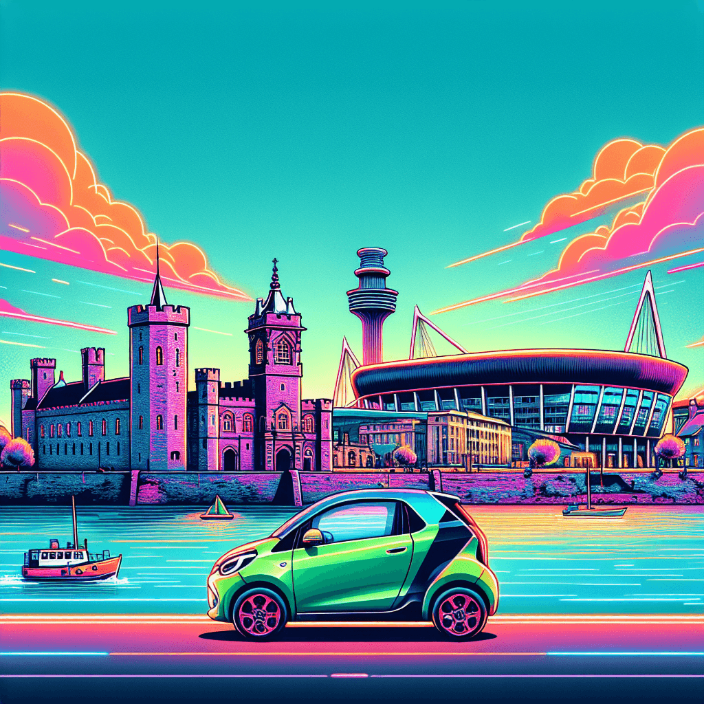 Pequeño coche de ciudad sobre horizonte de Cardiff lleno de color