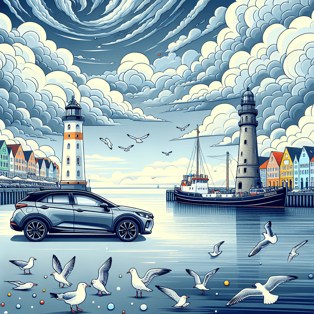 City car by Bremerhaven harbor with lighthouse and seagulls