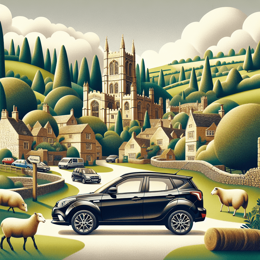 City car amidst Broughton landscape, historic castle, sheep flock