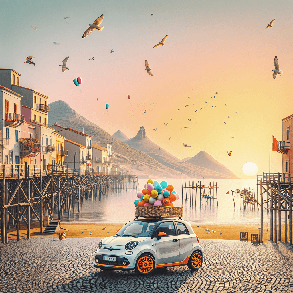 City car in Pescara's landscape with colorful balloons, lively seagulls, and butterflies.
