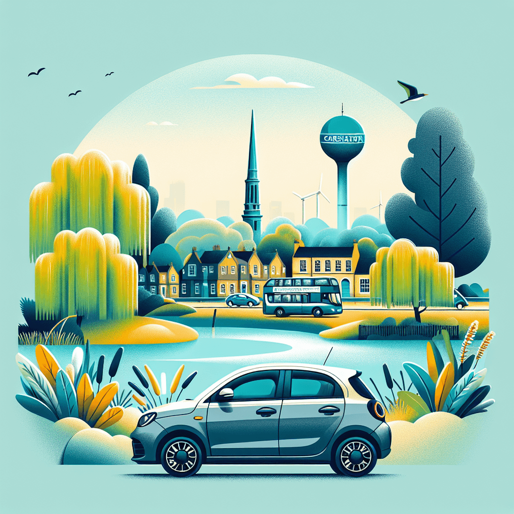 City car amidst Carshalton's water tower, willow trees and Grove Park