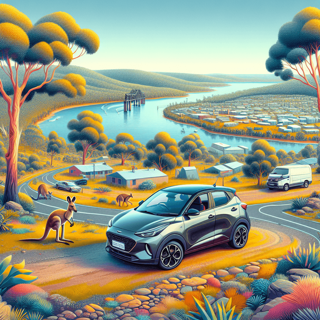 City car on an asphalt road, Muswellbrook landscape with kangaroo, gum trees and Hunter River