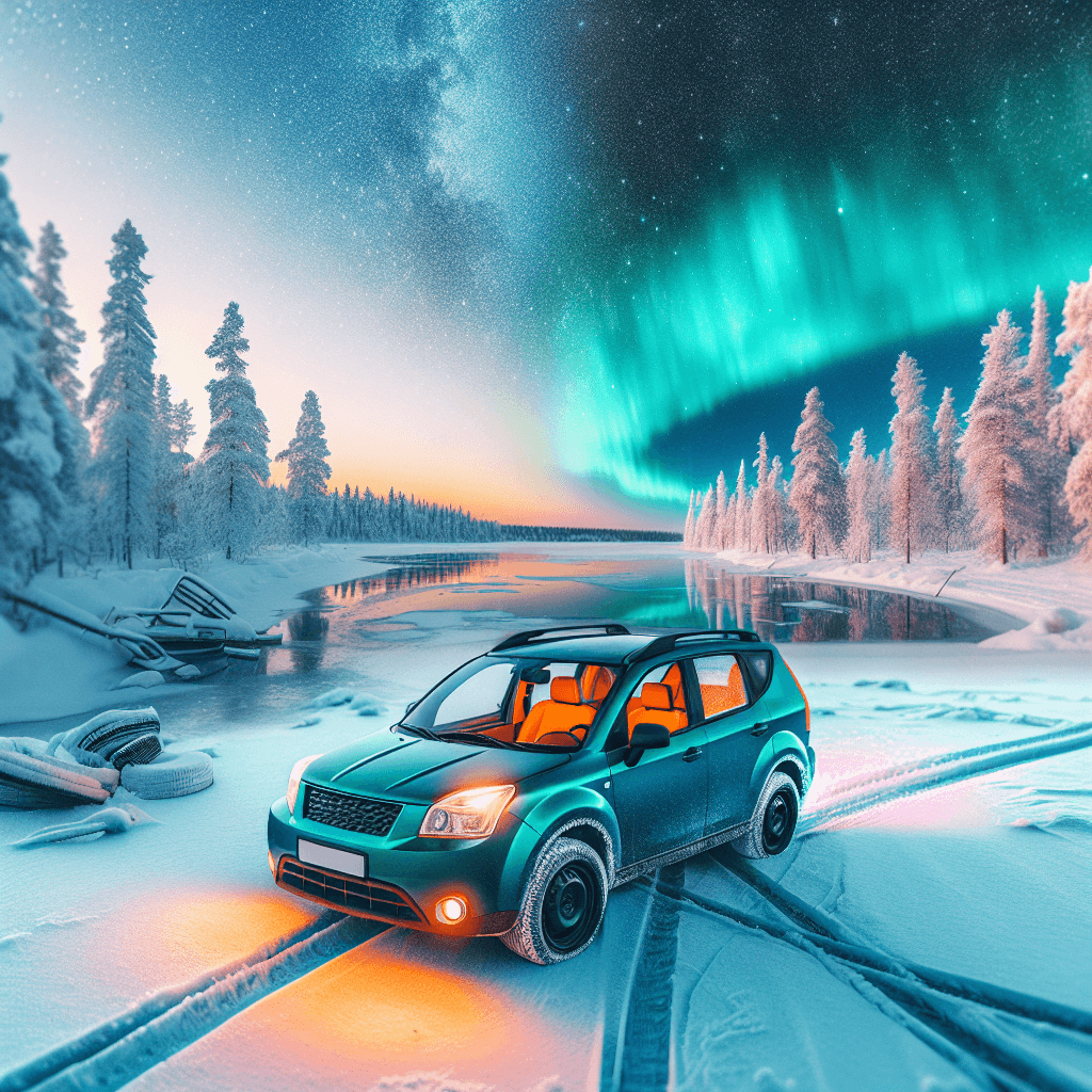 City car parked on icy lake under vibrant northern light