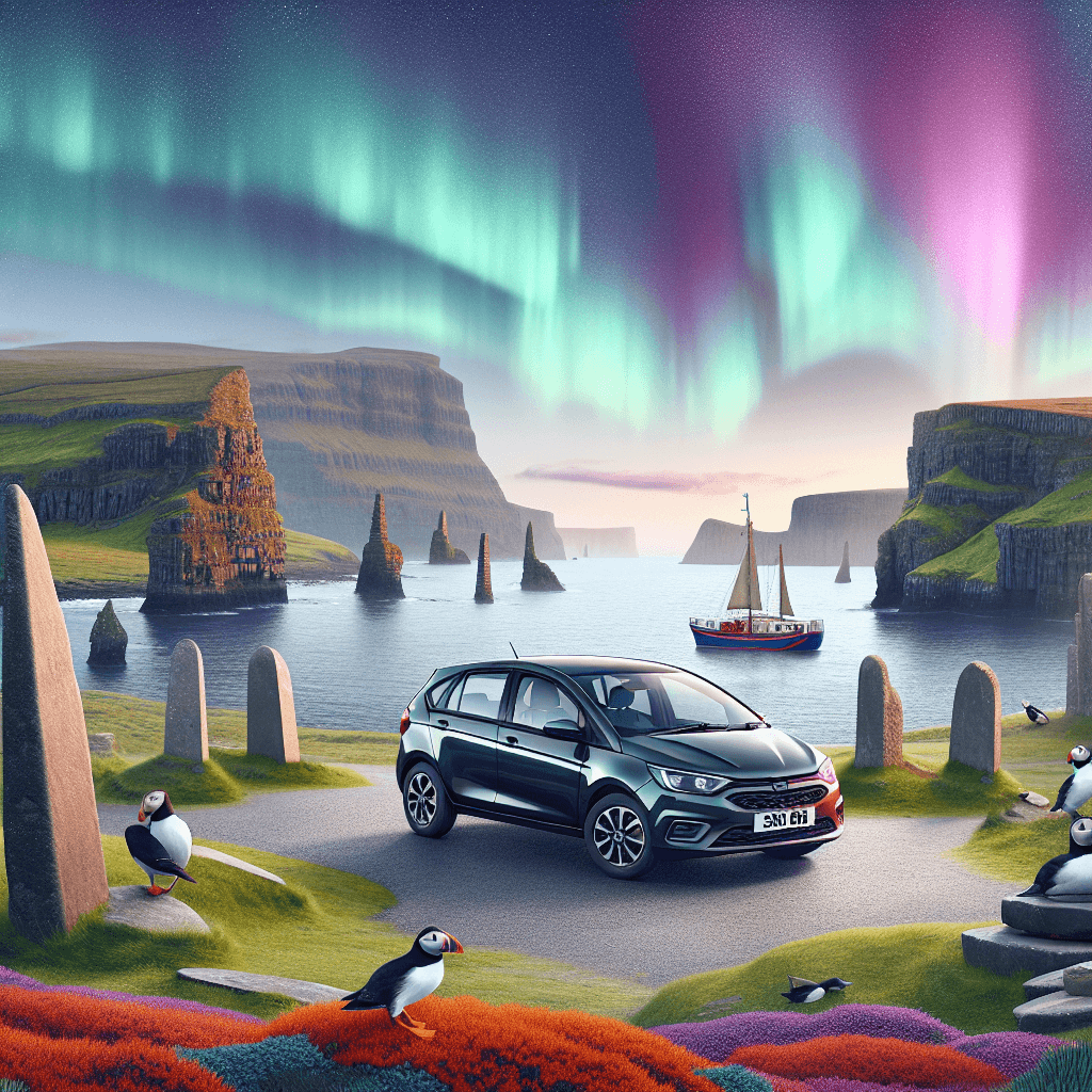 City car in Orkney, amongst cliffs, stones and puffins, under Northern Lights
