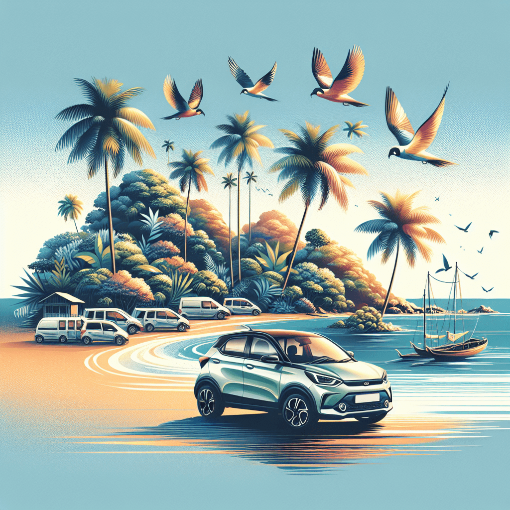 City car in vibrant Rayong beach landscape with birds