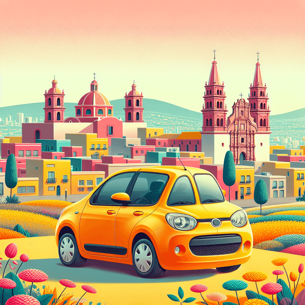 Coche de colores en Guadalajara, edificios, flores y iglesia
