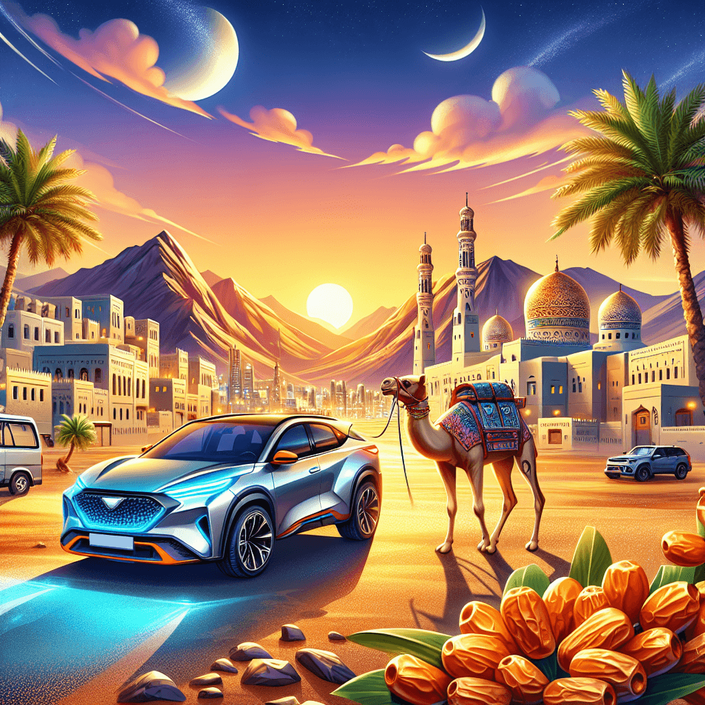 Coche en ciudad omaní, con camellos, dunas y montañas