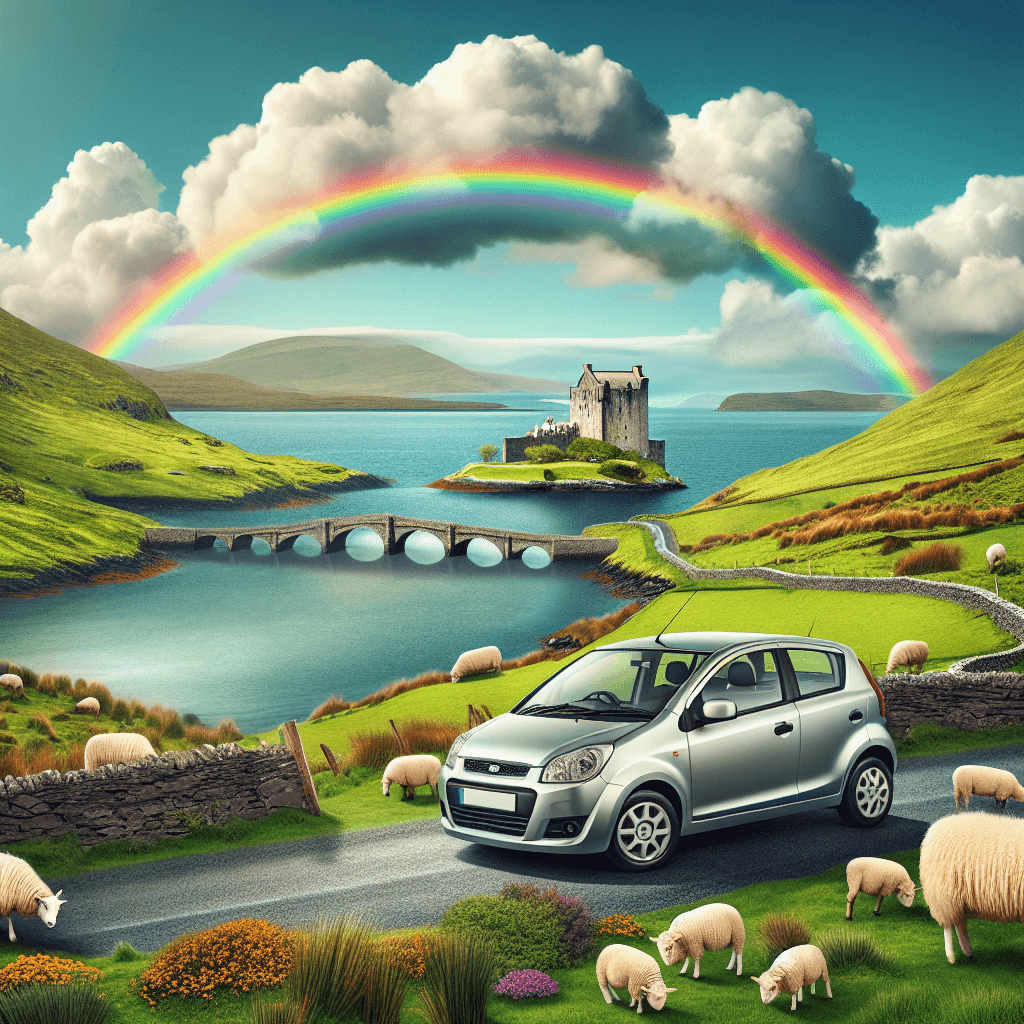 Coche en paisaje irlandés con ovejas, castillo y arco iris