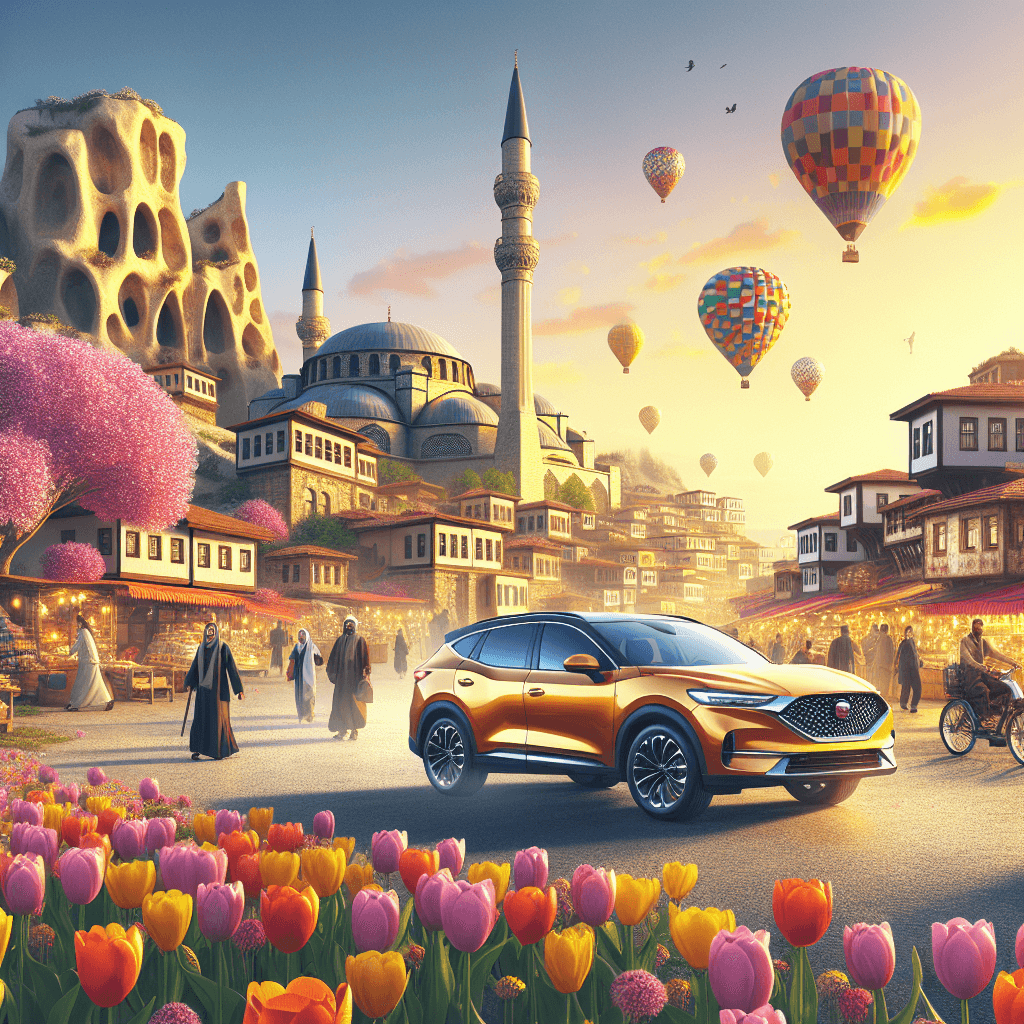 Coche en paisaje turco con mercado, mezquita, globos y tulipanes