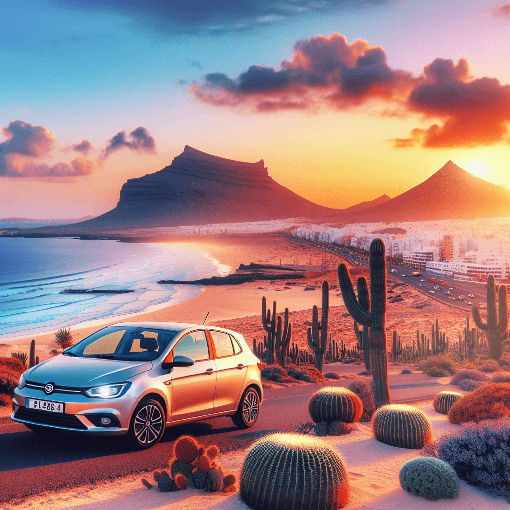 City car amidst Corralejo sand dunes, cacti, coastal sunset.