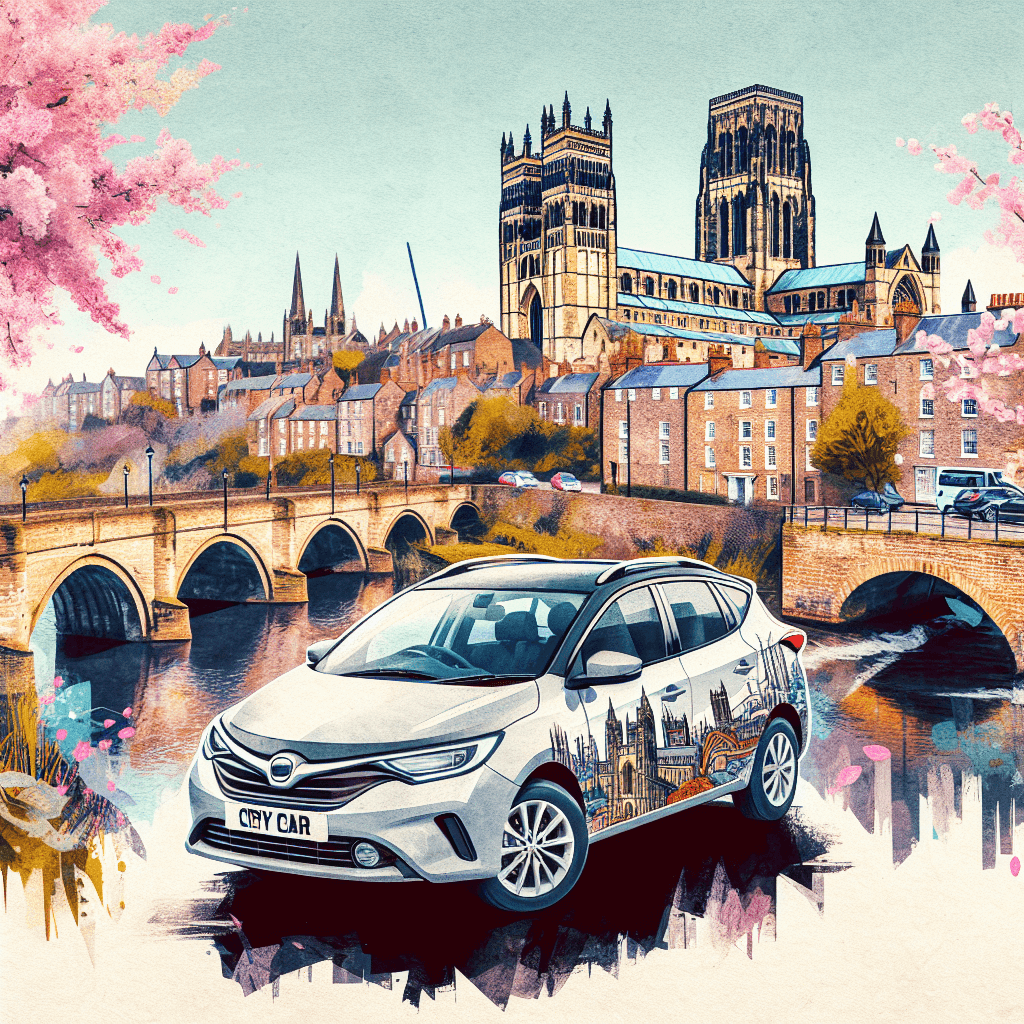 City car in Durham with cathedral, bridges and blossoms
