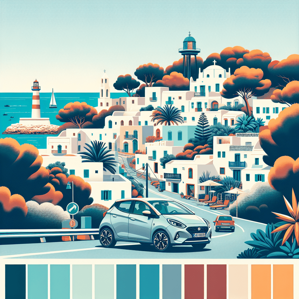 City car by Mediterranean sea, pine trees and lighthouse