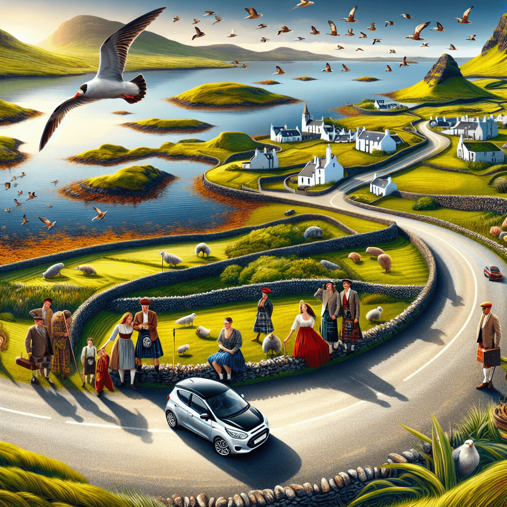 City car in Isle of Mull's landscape, with locals, birds, and sea