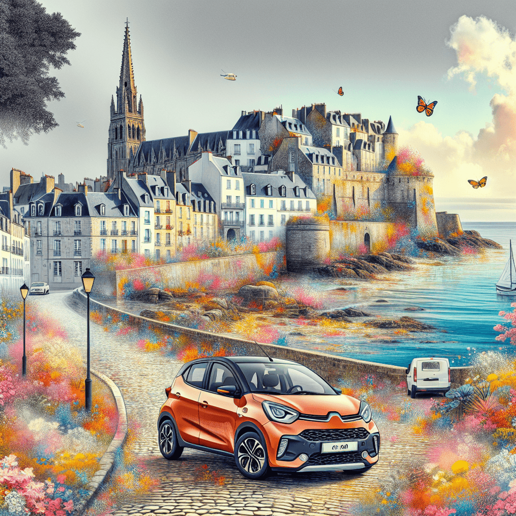 Bright city car in Saint-malo with flowers and butterflies