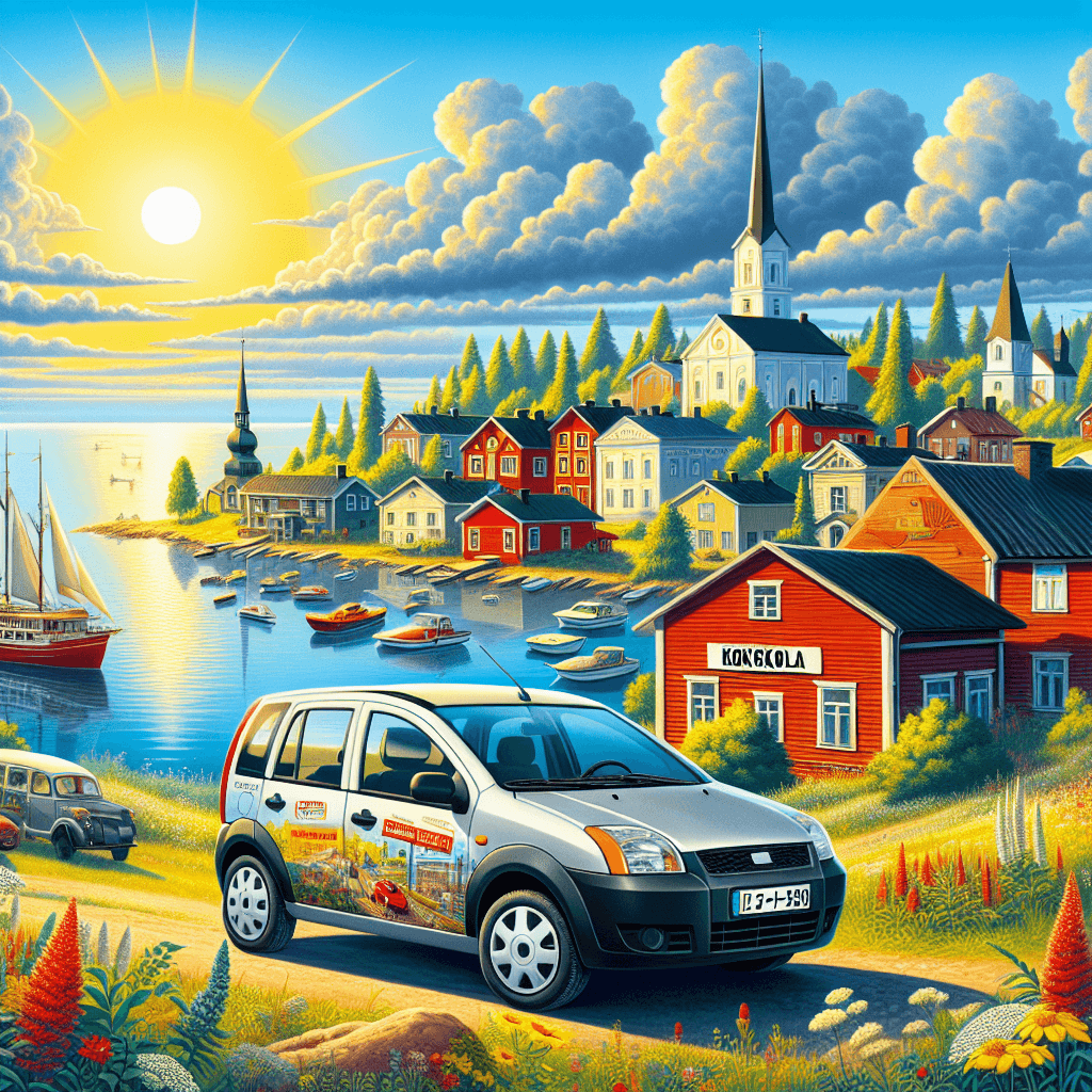 City car amidst Kokkola's rustic house, church tower, and cheerful wildflowers
