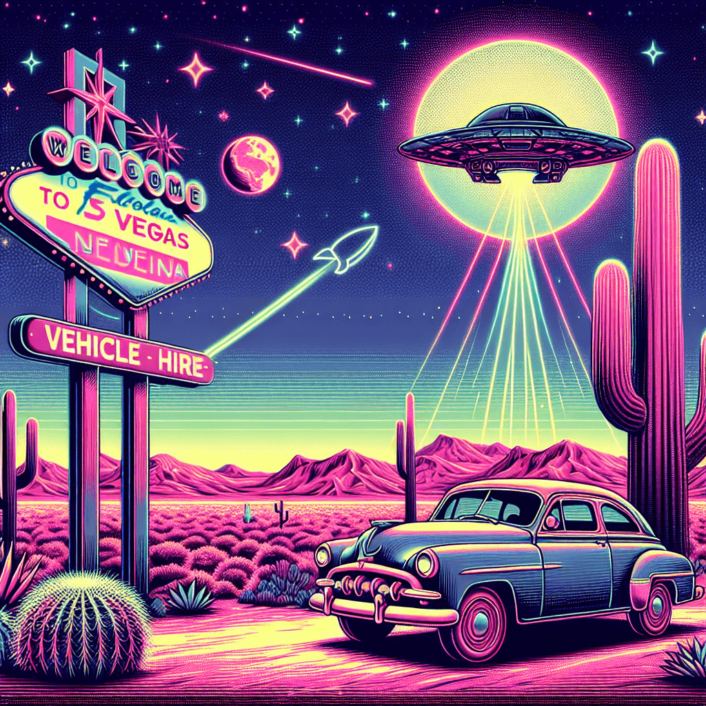 City car, cacti, tumbleweeds, neon Vegas sign, UFO