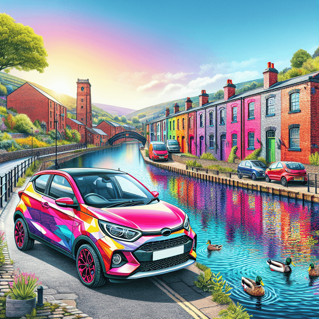 City car by Rochdale Canal, Oldham, with Northern hills backdrop