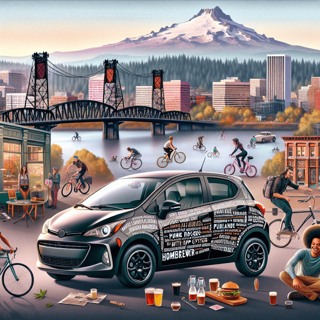 City car amidst Portland's sights, diverse culture elements