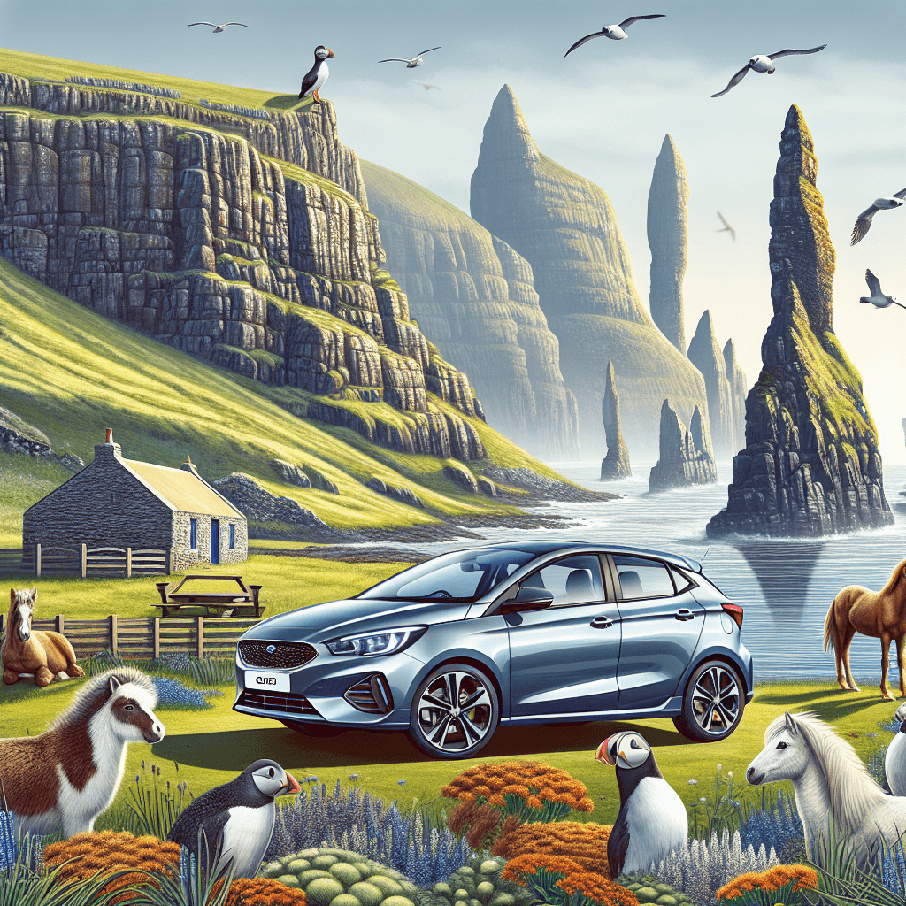 City car on Shetland journey, featuring cliffs, wildlife, croft house
