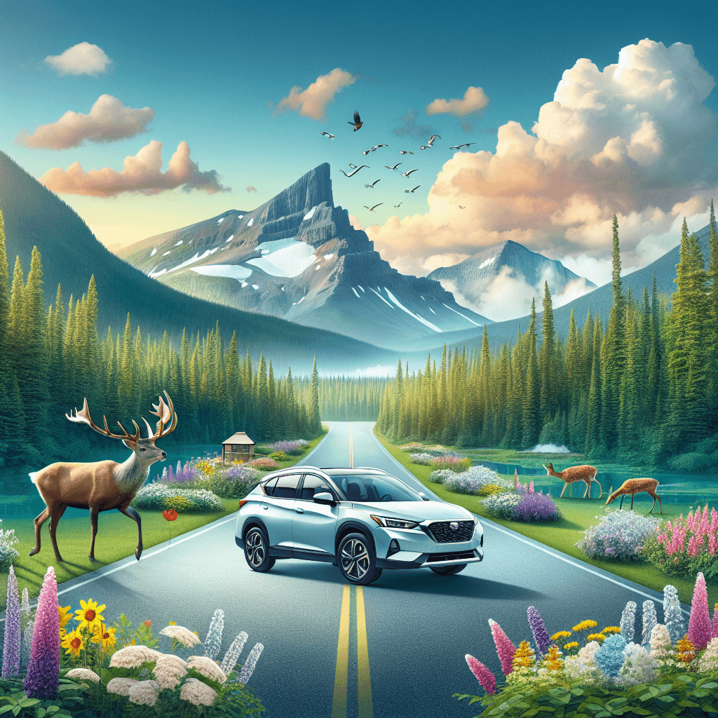 City car on mountainous road, amidst vibrant wildflowers and wildlife