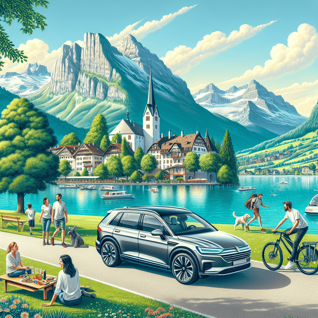 Car in Thun landscape with castle, lake, people and dog