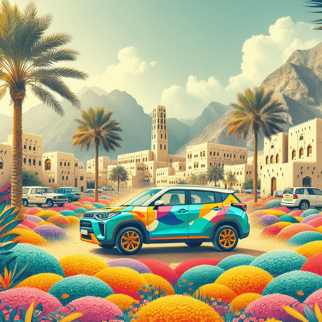 Vibrant city car amidst Omani architecture, mountains, and date palms
