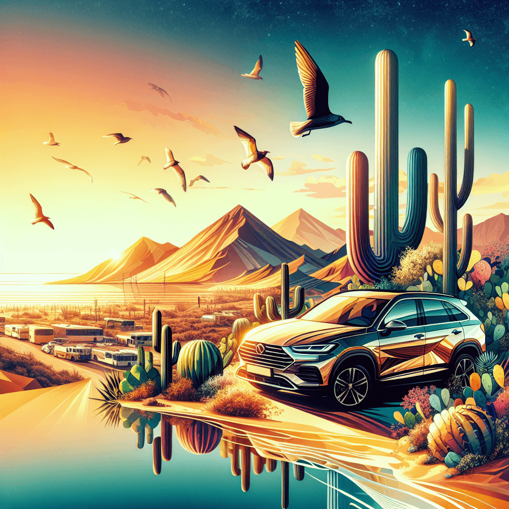 Urban car, cacti, seagulls, sea-and-sand landscape at sunset