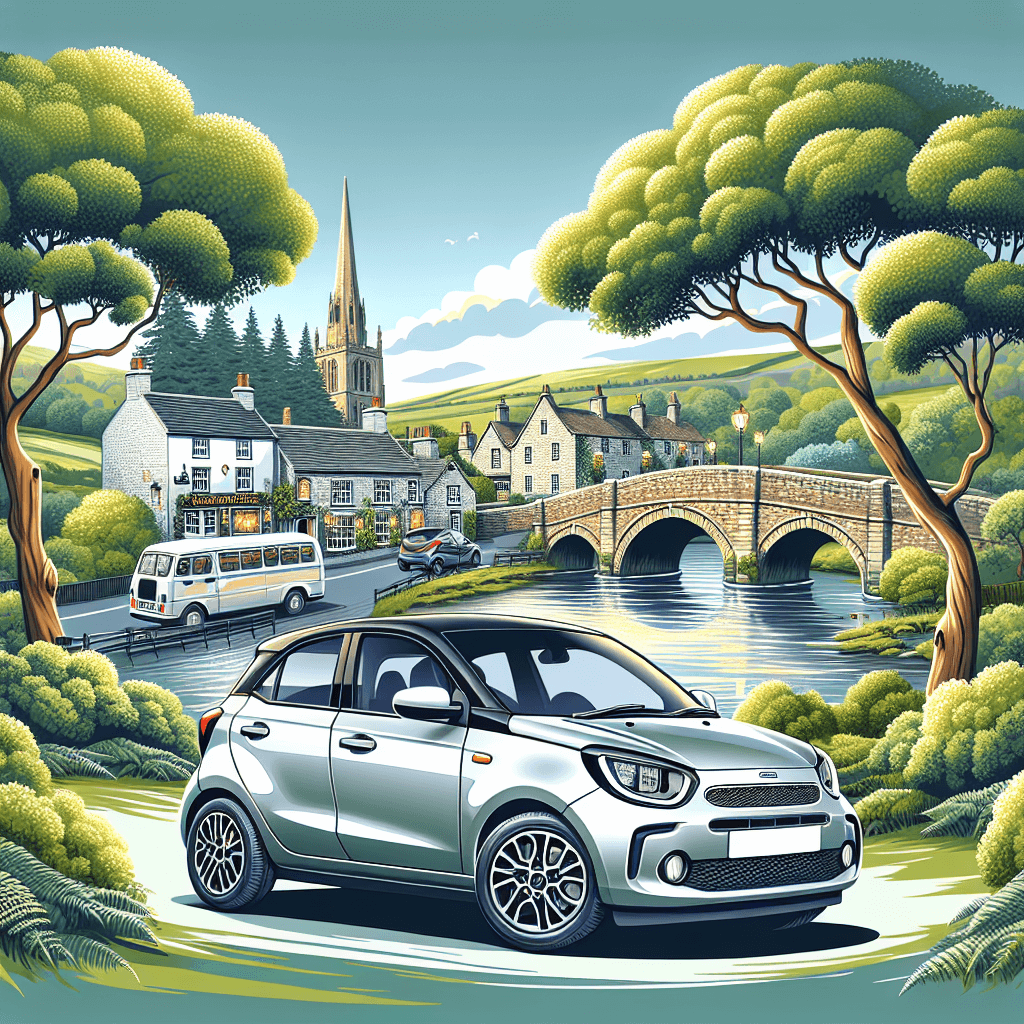 City car in Woodford, with lush trees, country pub and stone bridge
